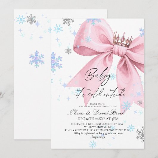 Winter Pastel Pink Bow Baby Shower Kaart (Voorkant / Achterkant)