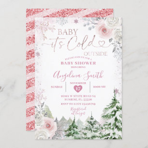 Winter Pastel Pink Snowflake Floral Baby shower Kaart