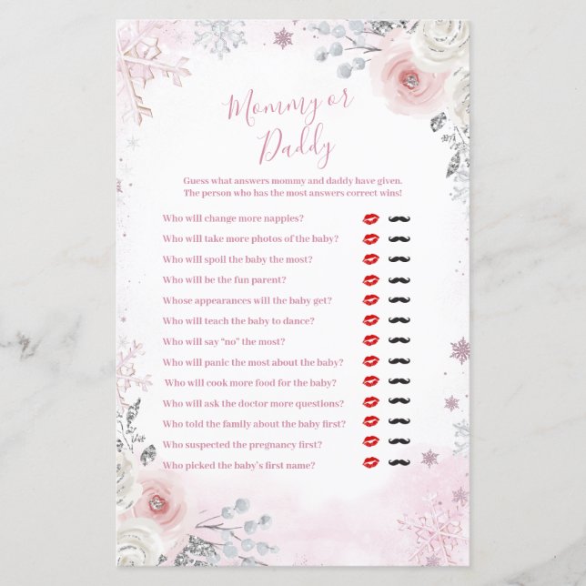 Winter Pastel Pink Snowflake Mommy or Daddy Game (Voorkant)