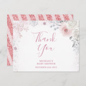 Winter Pastel Pink Snowflake Sleigh Baby Shower Bedankkaart (Voorkant / Achterkant)