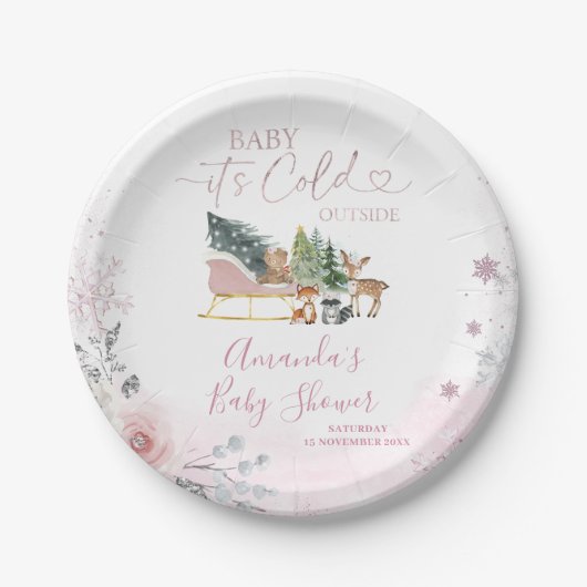 Winter Pastel Pink Snowflake Sleigh Baby Shower Papieren Bordje (Voorkant)