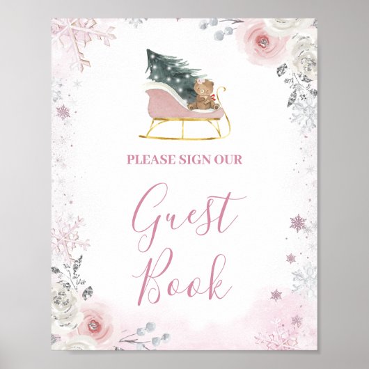 Winter Pastel Pink Snowflake Sleigh Guest Book Poster (Voorkant)