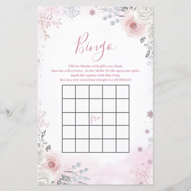 Winter Pastel Roze Sneeuwvlok slee Bingo Spel (Voorkant)
