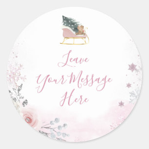 Winter Pastel Roze Sneeuwvlok Sleigh Uw Bericht Ronde Sticker