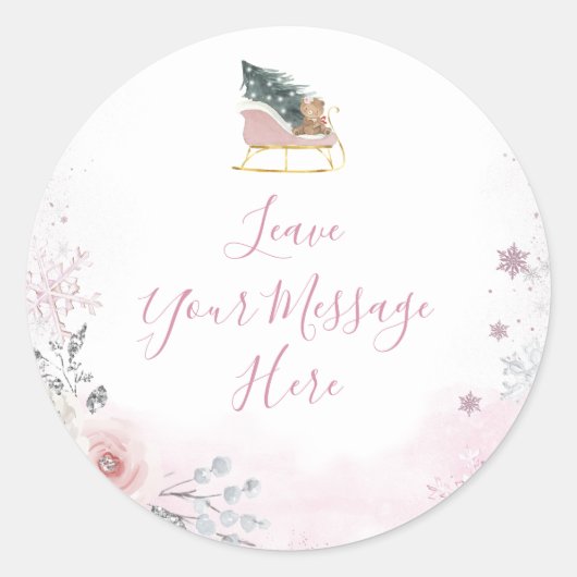 Winter Pastel Roze Sneeuwvlok Sleigh Uw Bericht Ronde Sticker (Voorkant)