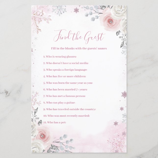 Winter Pastel Roze Sneeuwvlok Vind De Gast Spel (Voorkant)