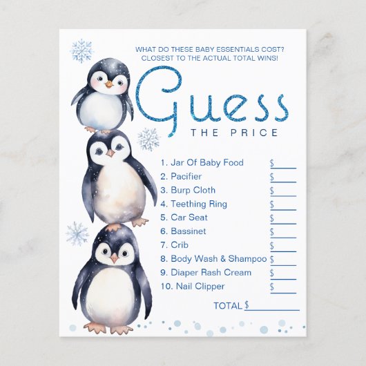 Winter Penguin Baby shower Game Sheet Flyer (Voorkant)