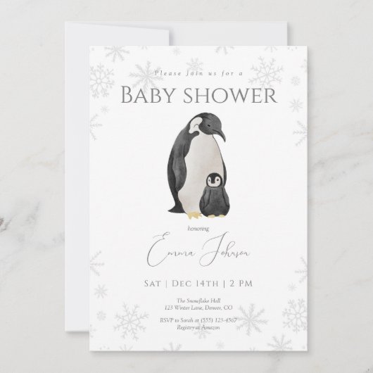 Winter Penguin Baby shower Uitnodiging | Snowflake (Voorkant)