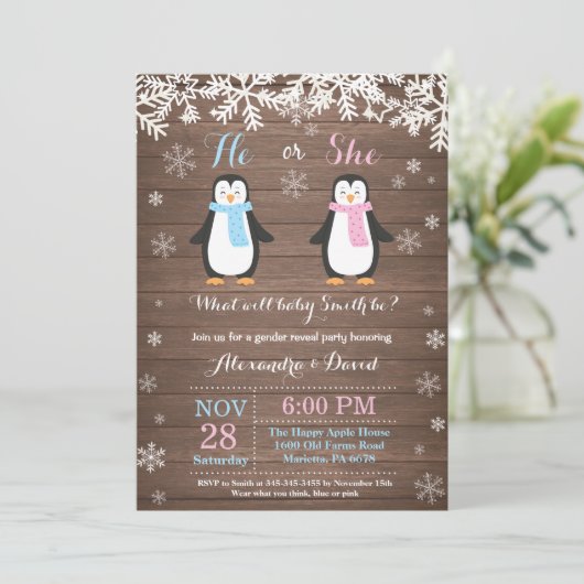 Winter Penguin Beer Gender Reveal Invitation Kaart (Staand voorkant)