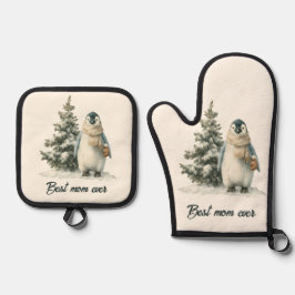 Winter Penguin “Best Mom Ever” Design Ovenwant & Pannenlap Set