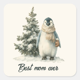 Winter Penguin “Best Mom Ever” Design Vierkante Sticker