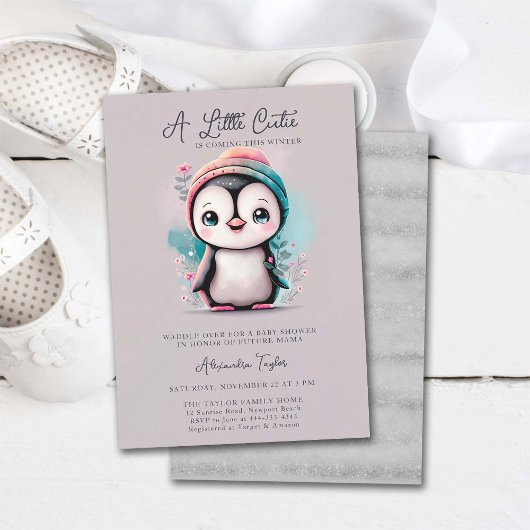 Winter Penguin Cutie Roze Blauwgroen Meisje Baby s Kaart