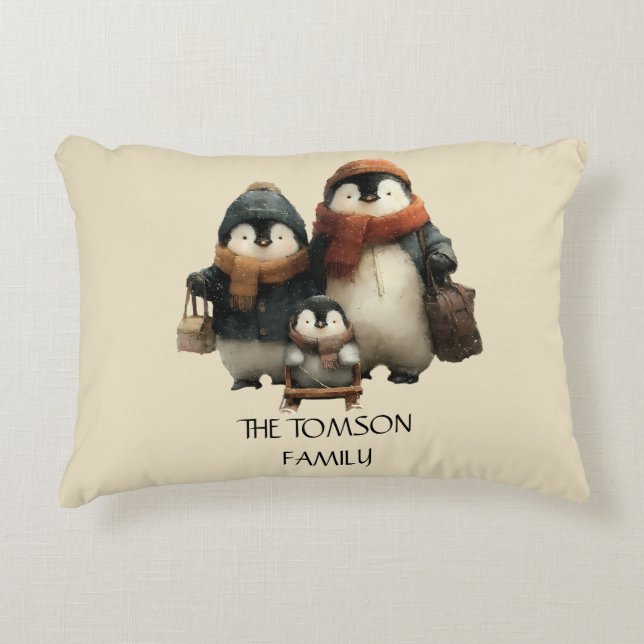 Winter Penguin Family Personalized Design Accent Kussen (Voorkant)