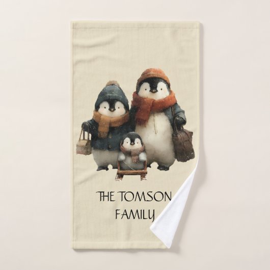 Winter Penguin Family Personalized Design Bad Handdoek (Handdoek)
