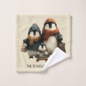 Winter Penguin Family Personalized Design Bad Handdoek (Wasdoekje)