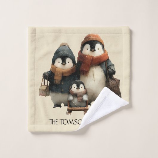 Winter Penguin Family Personalized Design Bad Handdoek (Wasdoekje)