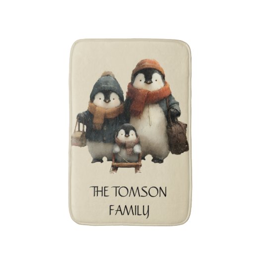 Winter Penguin Family Personalized Design Badmat (Voorkant Verticaal)