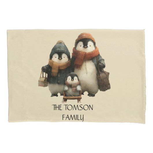 Winter Penguin Family Personalized Design Kussensloop (Voorkant)