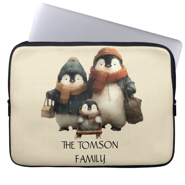 Winter Penguin Family Personalized Design Laptop Sleeve (Voorkant)