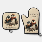 Winter Penguin Family Personalized Design Ovenwant & Pannenlap Set (Voorkant)