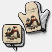 Winter Penguin Family Personalized Design Ovenwant & Pannenlap Set (Voorkant / Achterkant)