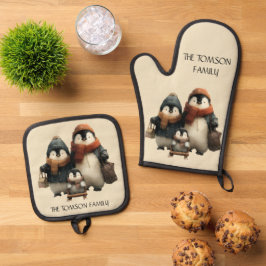 Winter Penguin Family Personalized Design Ovenwant & Pannenlap Set