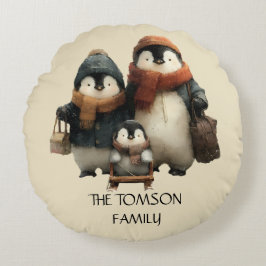Winter Penguin Family Personalized Design Rond Kussen