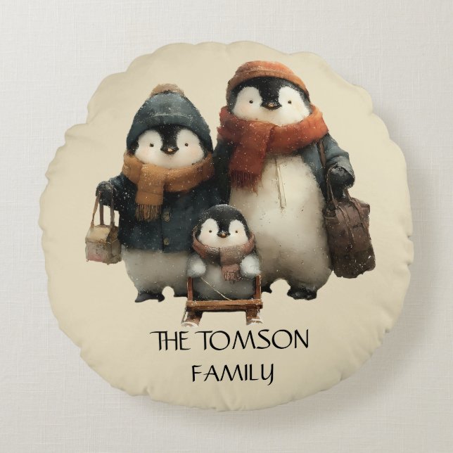 Winter Penguin Family Personalized Design Rond Kussen (Voorkant)