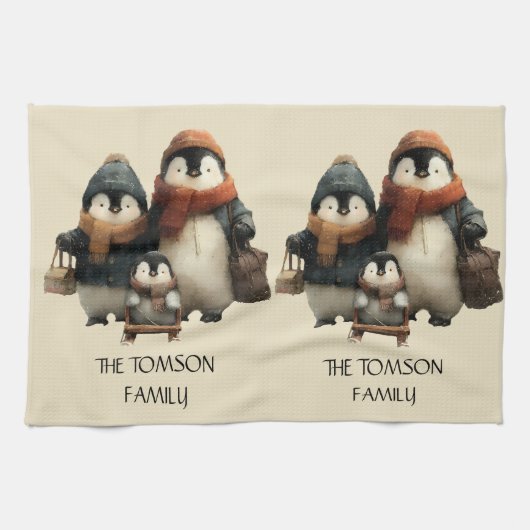Winter Penguin Family Personalized Design Theedoek (Horizontaal)