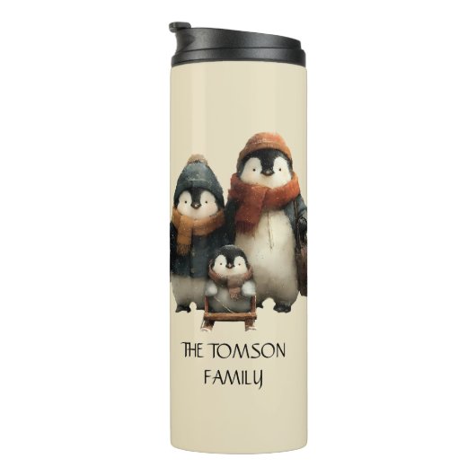 Winter Penguin Family Personalized Design Thermosbeker (Geroteerd rechts)