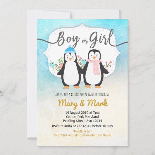 Winter Penguin Gender Reveal party Kaart (Voorkant)