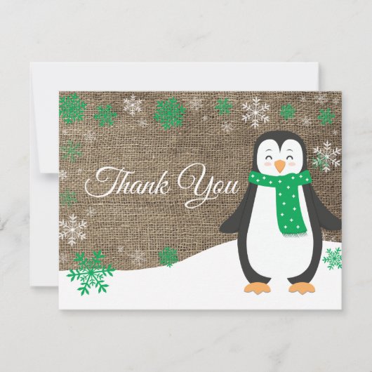 Winter Penguin Green Snowflake Hartelijk dank Bedankkaart (Voorkant)