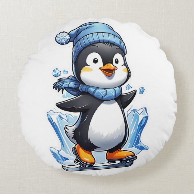 Winter Penguin Ice Staking Rond Kussen (Voorkant)