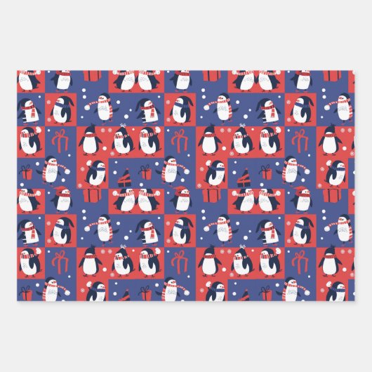 Winter Penguin Pattern Blue Wrapping Paper (Voorkant 3)