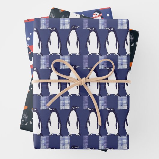 Winter Penguin Pattern Blue Wrapping Paper (In situ)