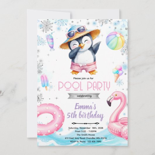 Winter penguin pool theme invitation kaart (Voorkant)