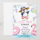 Winter penguin pool theme invitation kaart (Voorkant / Achterkant)