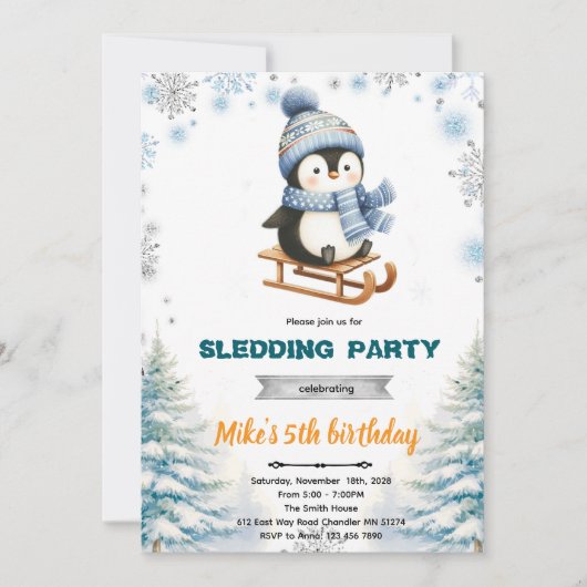 Winter penguin sledding invitation kaart (Voorkant)