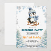 Winter penguin sledding invitation kaart (Voorkant / Achterkant)