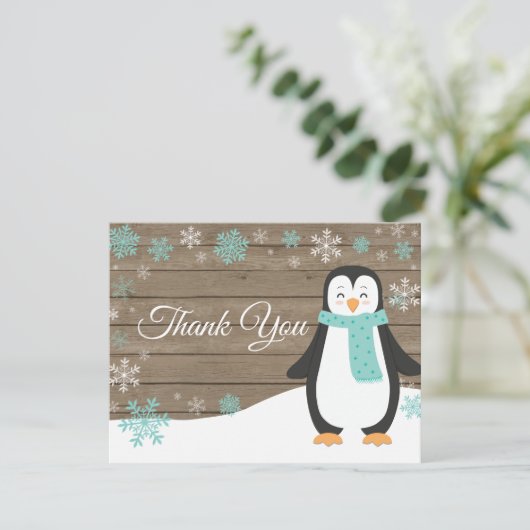 Winter Penguin Snowflake Aqua Hartelijk dank Bedankkaart (Staand voorkant)