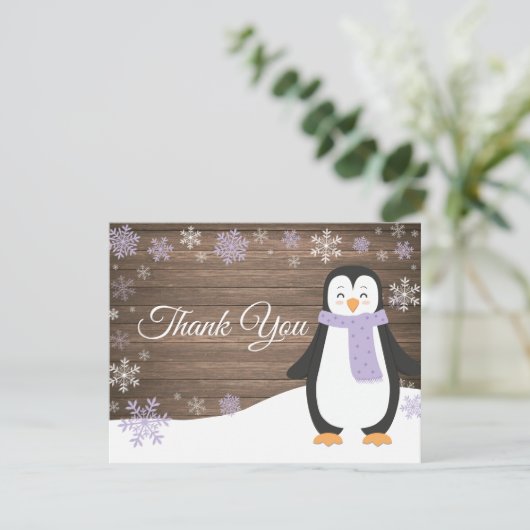 Winter Penguin Snowflake Paars Dank je wel Bedankkaart (Staand voorkant)