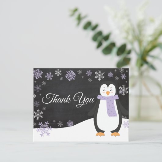 Winter Penguin Snowflake Paars Dank je wel Bedankkaart (Staand voorkant)