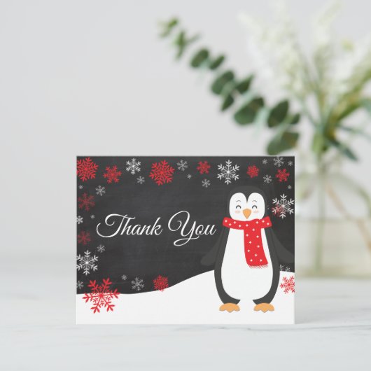 Winter Penguin Snowflake Red Dank je wel Bedankkaart (Staand voorkant)
