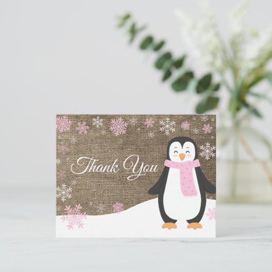 Winter Penguin Snowflake Roze Hartelijk dank Bedankkaart (Staand voorkant)
