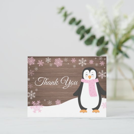Winter Penguin Snowflake Roze Hartelijk dank Bedankkaart (Staand voorkant)