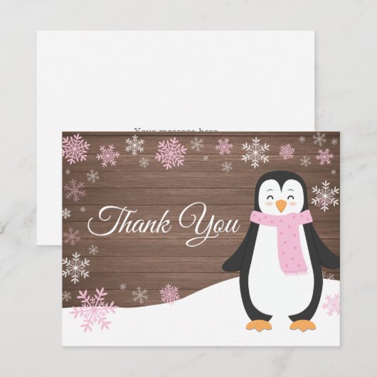 Winter Penguin Snowflake Roze Hartelijk dank Bedankkaart (Voorkant / Achterkant)