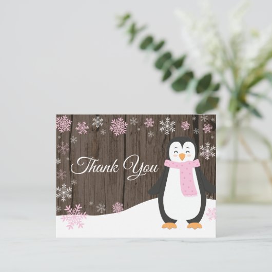 Winter Penguin Snowflake Roze Hartelijk dank Bedankkaart (Staand voorkant)