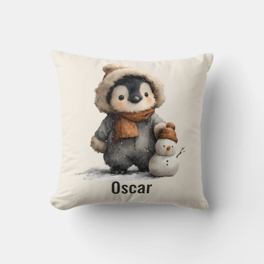 Winter Penguin with Snowman Design Kussen (Voorkant)
