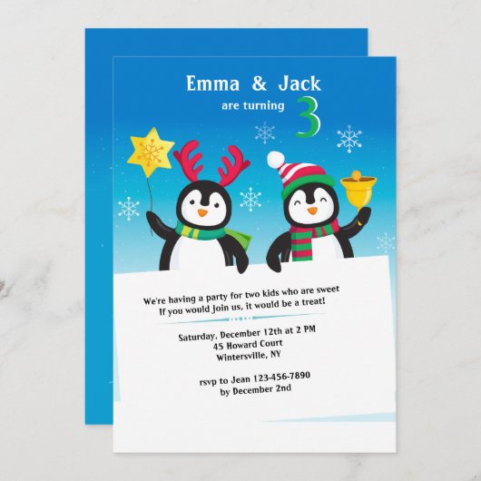 Winter Penguins Uitnodiging (Voorkant / Achterkant)