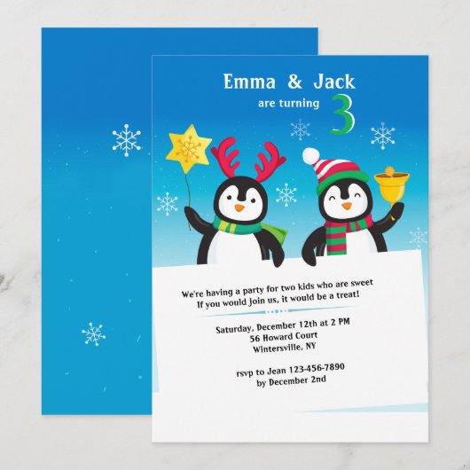 Winter Penguins Uitnodiging (Voorkant / Achterkant)